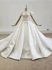 Take Center Stage In White Ball Gown Satin Square Neck Pleats Beading Wedding Dresses With Bow