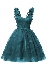 Teal 3D Butterfly Lace Applique Tyll Homecoming Dress For Teens Sweetheart Mini Short Prom Dresses