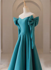 Teal Blue Long Sleeves with Bow A-line Sweetheart Prom Dresses, Teal Blue Evening Dresses