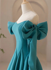 Teal Blue Long Sleeves with Bow A-line Sweetheart Prom Dresses, Teal Blue Evening Dresses