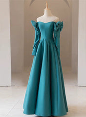 Teal Blue Long Sleeves with Bow A-line Sweetheart Prom Dresses, Teal Blue Evening Dresses