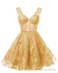 Teens Sparkly Tulle Gold Homecoming Dresses Spaghetti Straps Short Cocktail Party Prom Dress