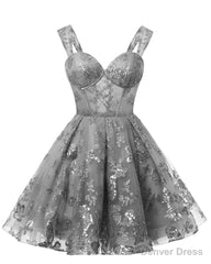 Teens Sparkly Tulle Gray Homecoming Dresses Spaghetti Straps Short Cocktail Party Prom Dress