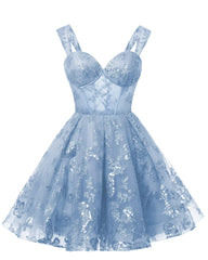 Teens Sparkly Tulle Light Blue Homecoming Dresses Spaghetti Straps Short Cocktail Party Prom Dresses