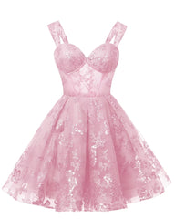 Adolescenti abiti scintillanti in tulle rosa chiaro abiti spaghetti spalline corto cocktail party vestito da ballo da ballo