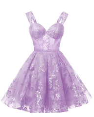 Teens Sparkly Tulle Lilac Homecoming Dresses Spaghetti Straps Short Cocktail Party Prom Dresses