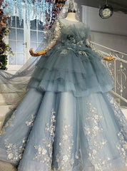 Temperament Blue Ball Gown Tulle Appliques Long Sleeve Wedding Dresses