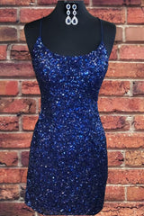 Tight Navy Blue Sequin Short Homecoming Dresses Sparkly Party Dresses