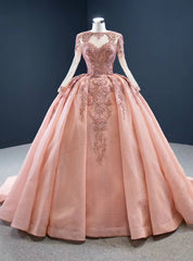 To Fit Your Style Pink Ball Gown Organza Beading Long Sleeve Prom Dress