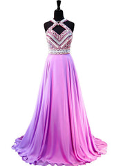 Top Beaded Crystal Light Purple Chiffon Backless Prom Dresses