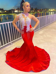 Tompet/Mermaid Prom Dress Charmeuse Applique One-Shoulder Lange ermer Sveip/Børste togkjoler