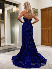 Trumpet/Mermaid Sweetheart Sweep Train Velvet Sequins Evening Dresses With Ruffles