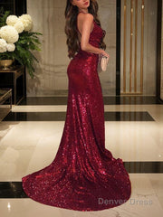 Trumpet/Mermaid V-neck Court Train Sequins Evening Dresses With Leg Slit