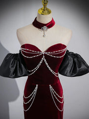 Trumpet/Mermaid Velvet Burgundy Long Prom Dresses with Beads