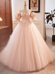 Pink Sweetheart Neck Corset Tulle Prom Dresses, A-Line Off the Shoulder Sweet 16 Dresses