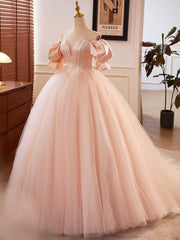 Pink Sweetheart Neck Corset Tulle Prom Dresses, A-Line Off the Shoulder Sweet 16 Dresses