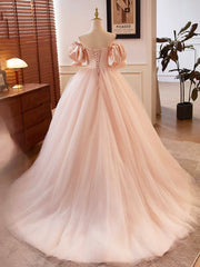 Pink Sweetheart Neck Corset Tulle Prom Dresses, A-Line Off the Shoulder Sweet 16 Dresses