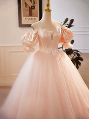 Pink Sweetheart Neck Corset Tulle Prom Dresses, A-Line Off the Shoulder Sweet 16 Dresses