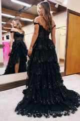 Tulle Appliques Off-the-Shoulder Ruffle Long Prom Dress