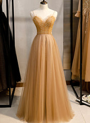 Tulle Beaded Sweetheart Party Dresses, A-line Tulle Floor Length Prom Dresses