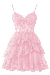 Tulle Homecoming Dresses Short Applique Corset Tiered Formal Party Gowns