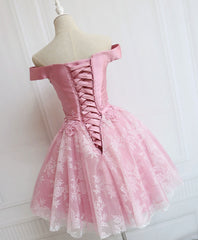 Tulle Of Shoulder Lace Short Pink Prom Dresses Lace Homecoming Dresses