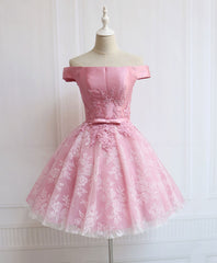 Tulle Of Shoulder Lace Short Pink Prom Dresses Lace Homecoming Dresses