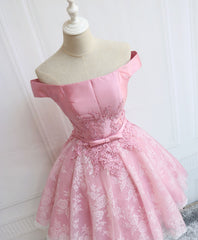 Tulle Of Shoulder Lace Short Pink Prom Dresses Lace Homecoming Dresses