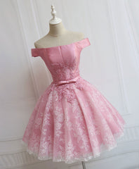 Tulle Of Shoulder Lace Short Pink Prom Dresses Lace Homecoming Dresses