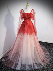 Tulle Sequins Straps Beading Prom Dress