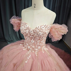 Tulle Tufted Pink Floral Quinceaera Ball Gown Dresses