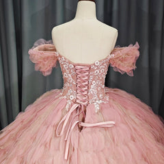 Tulle Tufted Pink Floral Quinceaera Ball Gown Dresses