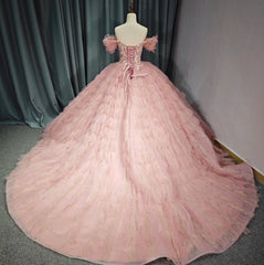 Tulle Tufted Pink Floral Quinceaera Ball Gown Dresses