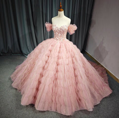 Tulle Tufted Pink Floral Quinceaera Ball Gown Dresses