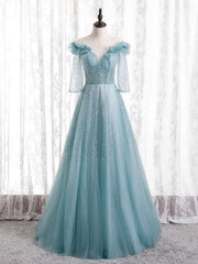 Turquoise Tulle Sequins Short Sleeve Prom Dresses