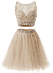 Two Piece Champagne Beaded Tulle Homecoming Dresses, Short Prom Dresses Party Dresses