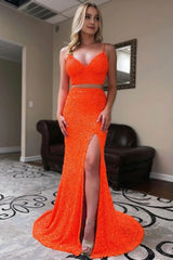 two piece orange sequins mermaid prom dress with slit