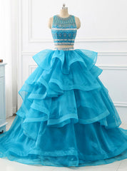 Two Pieces Sweet Princess Dresses Prom Party Dresses with Beaded Ruffles