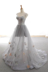 Gray Long Prom Dress with Butterfly, New Arrival Unique Evening Dress