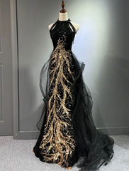 Black Gold Embroidered A-Line Prom Dresses Glittering Dresses Formal Floor Length Sleeveless High Neck Sequined with Glitter Tassel