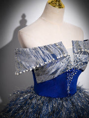 Unique A-Line Shiny Sequin Blue Long Prom Gown, Blue Long Evening Dresses