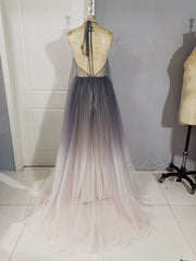 Unique A line V Neck Tulle Long Prom Dresses, Tulle Evening Dresses