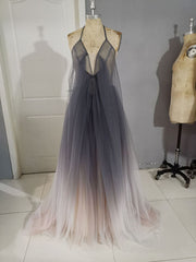 Unique A line V Neck Tulle Long Prom Dresses, Tulle Evening Dresses