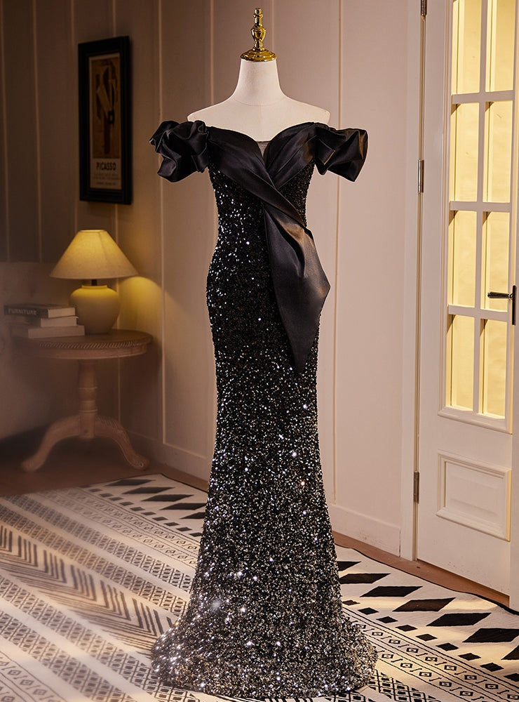 Unique Black Mermaid Sequins Off the Shoulder Prom Dress