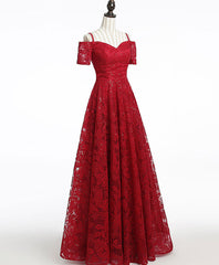 Unique Burgundy Lace Long Prom Dresses, Burgundy Evening Dresses