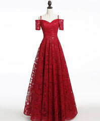 Unique Burgundy Lace Long Prom Dresses, Burgundy Evening Dresses