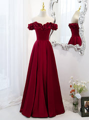 Unique Burgundy Satin Off the Shoulder Prom Dresses