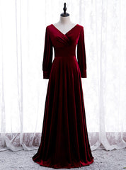 Unique Burgundy Velvet Long Sleeve V-neck Pleats Prom Dresses