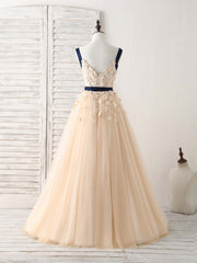 Unique Champagne Lace Tulle Long Prom Dresses, Champagne Evening