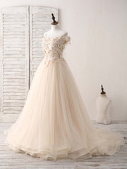 Unique  Lace Applique Tulle Long Champagne Prom Dresses Sweet 16 Dresses